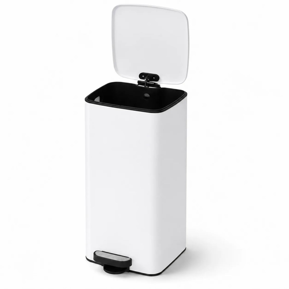 Poubelle de cuisine à pédale NÉVA 30L coloris Blanc Nuage – couvercle ouvert, vue de trois quarts