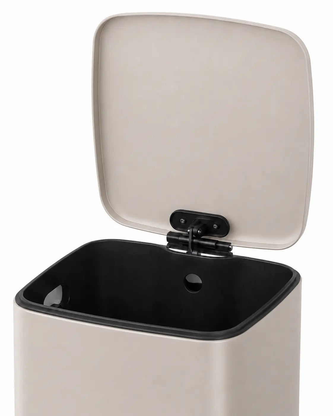 Poubelle de cuisine à pédale NÉVA 30L coloris Beige Sable – couvercle ouvert avec vue sur le seau intérieur