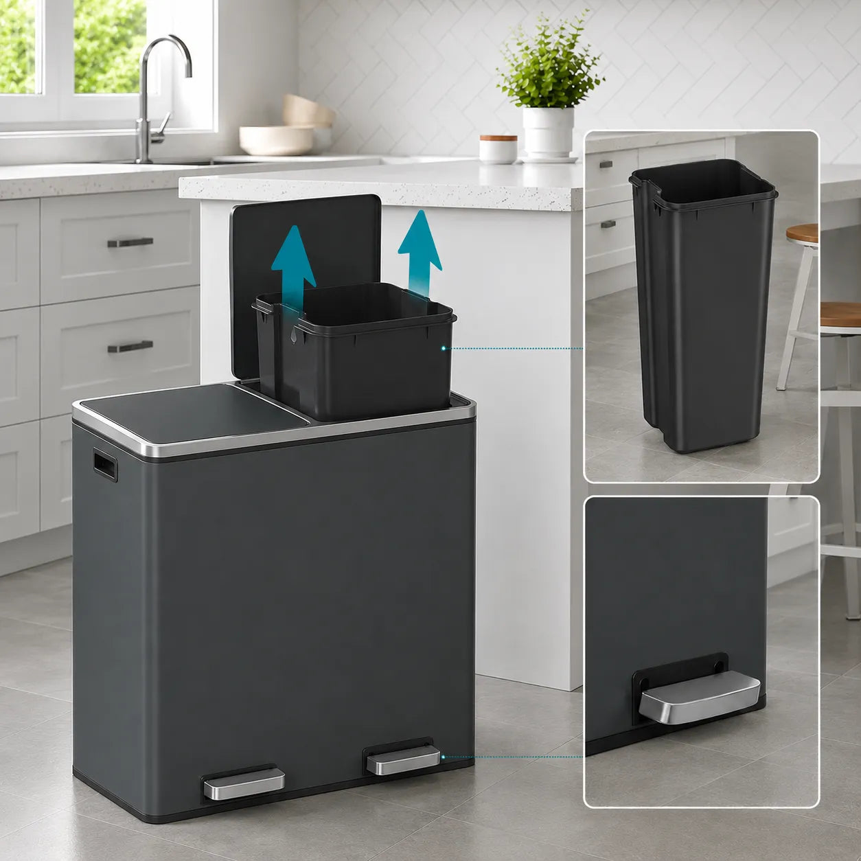 Poubelle double compartiment-60L Poubelle grise Large 2x30L