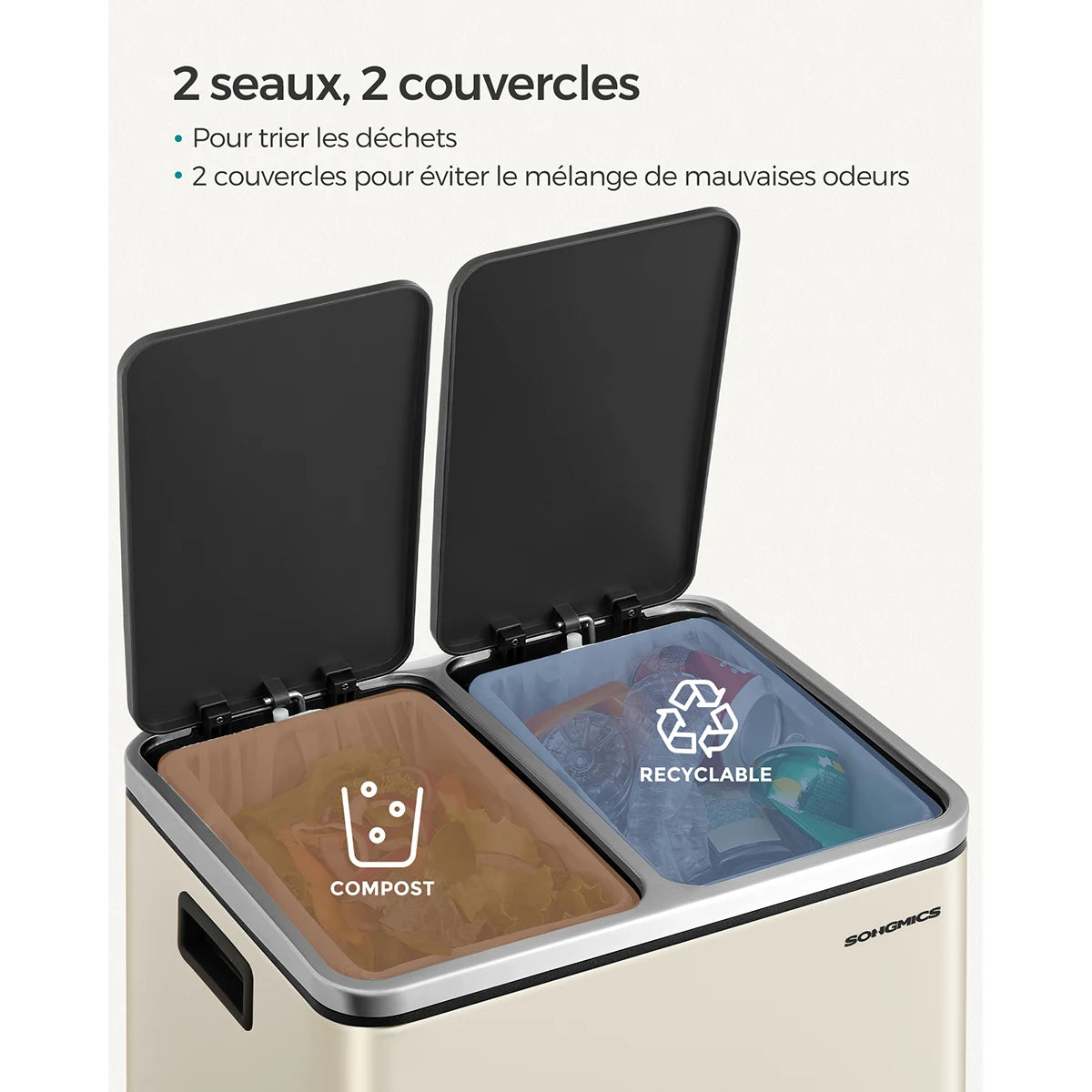 Poubelle double compartiment-  Poubelle beige 2 x 15L