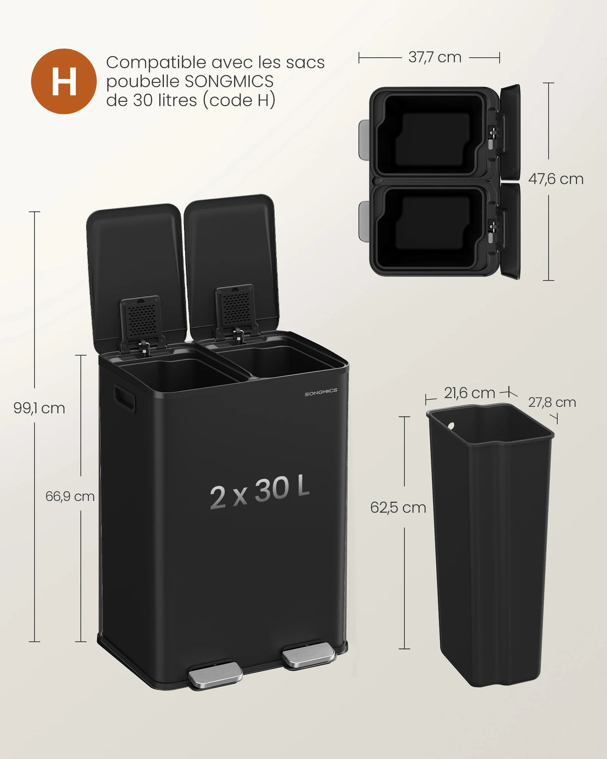 Poubelle double compartiment- Poubelle pédale longue 2x30L
