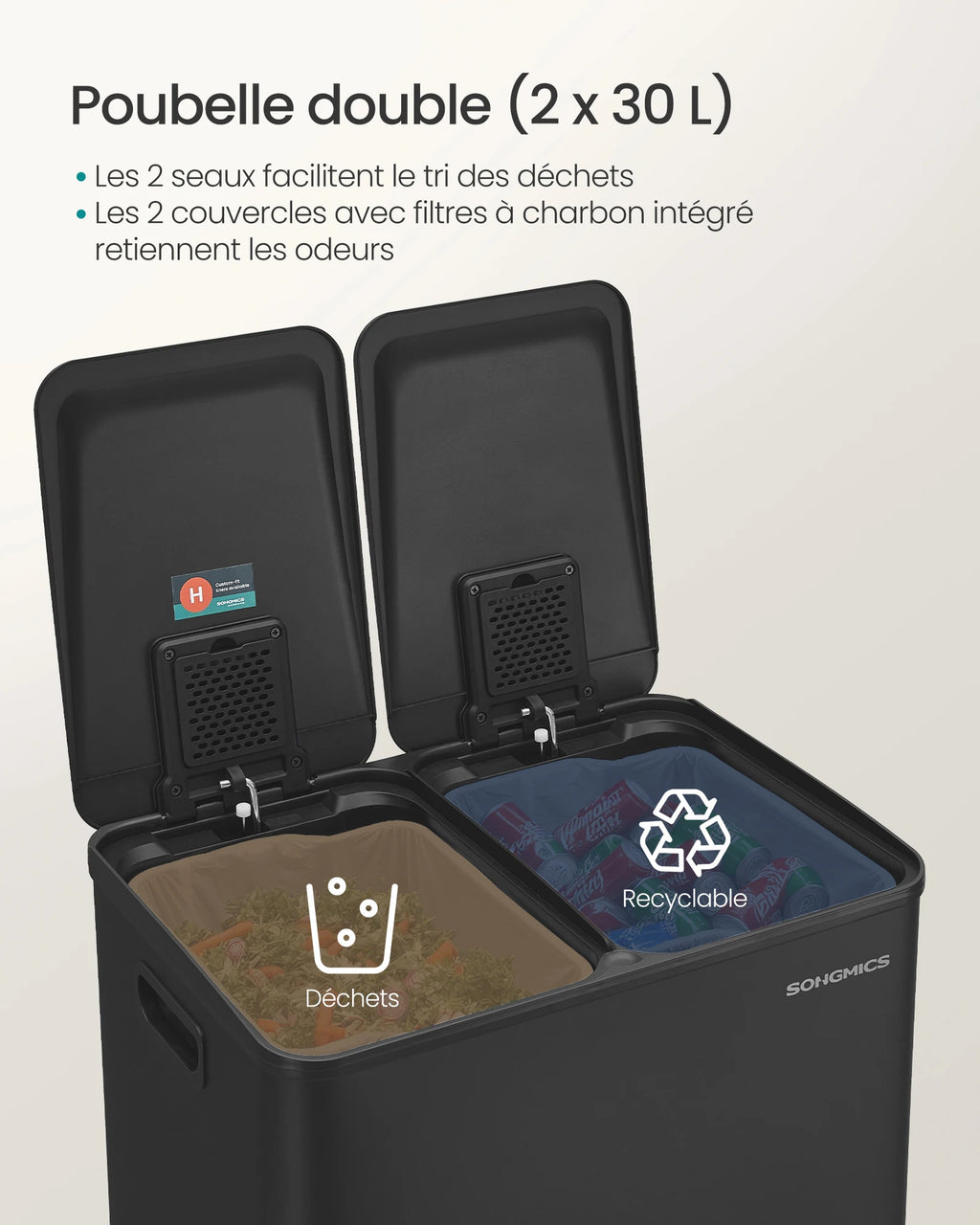 Poubelle double compartiment- Poubelle pédale marron longue 2x30L