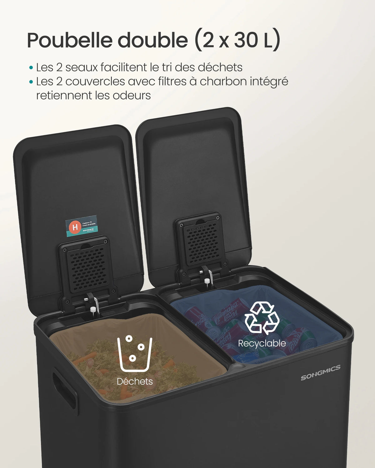 Poubelle double compartiment- Poubelle pédale marron longue 2x30L