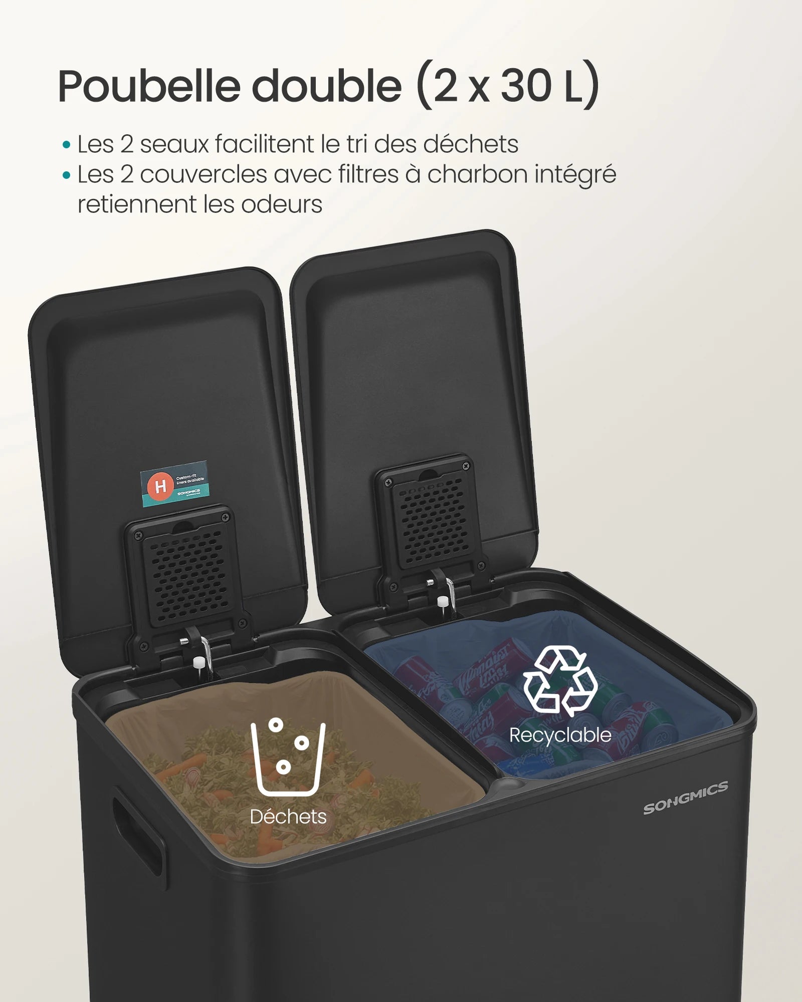 Poubelle double compartiment- Poubelle pédale marron longue 2x30L