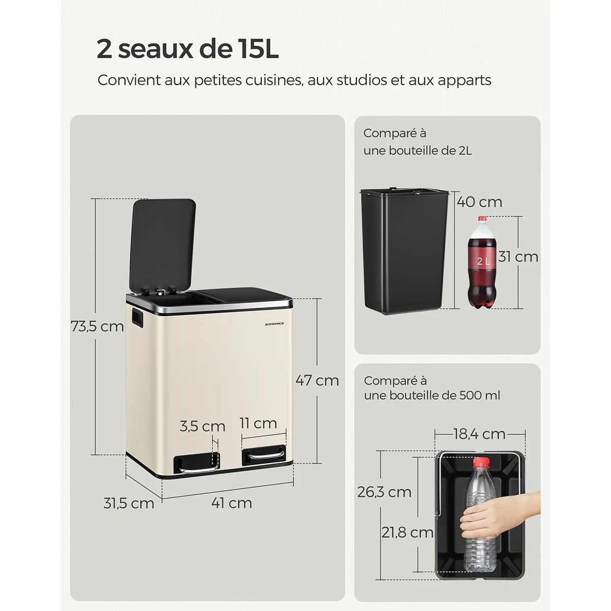 Poubelle double compartiment-  Poubelle beige 2 x 15L